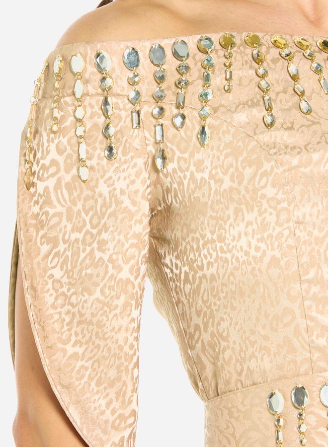 House of Moda Women Embellished Off Shoulder Gown Dress - Image 3